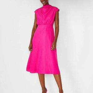 NWT Ann Taylor Hot Pink Mid Length Silky High Neck Dress